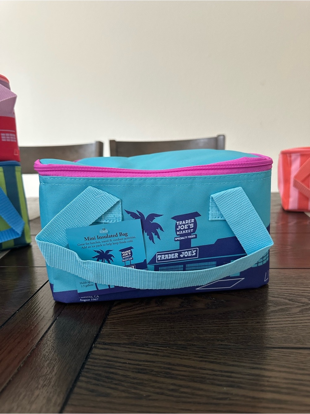 Trader Joe's Blue Mini Insulated Tote with Pink Trim